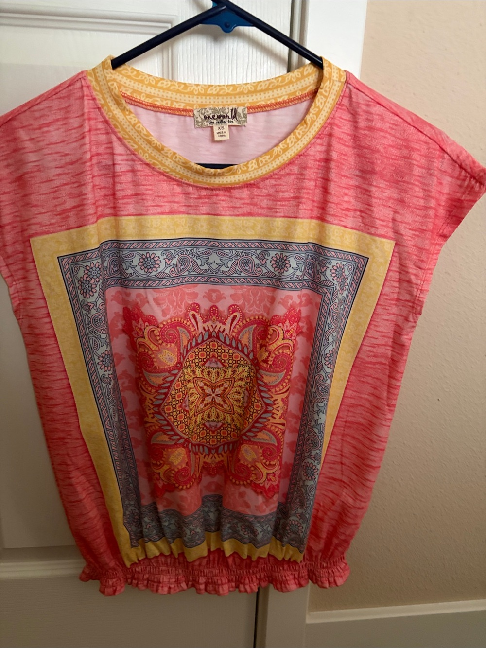 ONE WORLD Coral Pink Medallion Short Sleeve Tunic with Yellow Trim